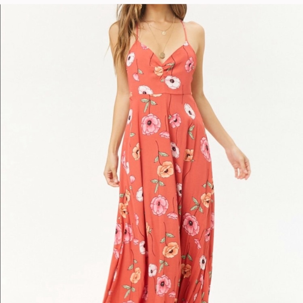 Forever 21 Coral Floral cami x back maxi dress S